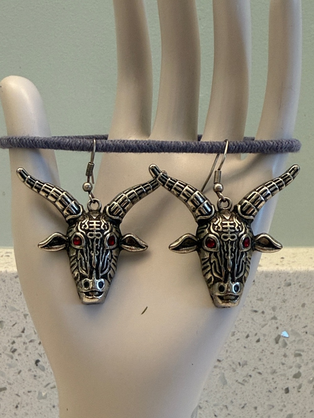 Ram Skull Design Silver-Tone Earrings with Red Accents